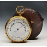 A LATE 19TH CENTURY BRASS ANEROID POCKET BAROMETER with white enamel dial, 7cm high, in fitted