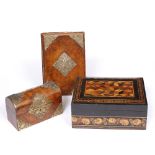 A VICTORIAN TUNBRIDGE INLAID WORK BOX the lid inlaid with marquetry cubed design, 23cm wide,