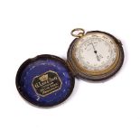 A 19TH CENTURY BRASS POCKET BAROMETER with silvered dial, in fitted leather case, 6.5cm