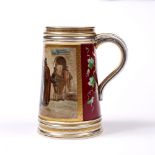 A LATE 19TH CENTURY VIENNA PORCELAIN TANKARD painted with a group of figures by an inn door, with