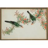 A CHINESE ORNITHOLOGICAL PITH PAINTING a pair of magpies on a magnolia branch 14 x 22cm framed.