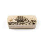 A LATE 19TH CENTURY SCRIMSHAW RECTANGULAR BOX with rounded ends, the sliding cover engraved with a