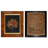 A VICTORIAN GROS POINT NEEDLEWORK of a floral bocage by Ann Mallyard 1856 in a burr walnut frame, 38