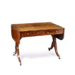 A REGENCY ROSEWOOD SOFA TABLE with crossbanded and line inlay drop leaf top and fitted two drawers