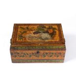 A REGENCY PAINTED WORK BOX with lion ring handles, 25 x 19cm