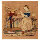 A 19TH CENTURY NEEDLE AND FELT WORK PICTURE of a girl with a parrot standing on a balcony with