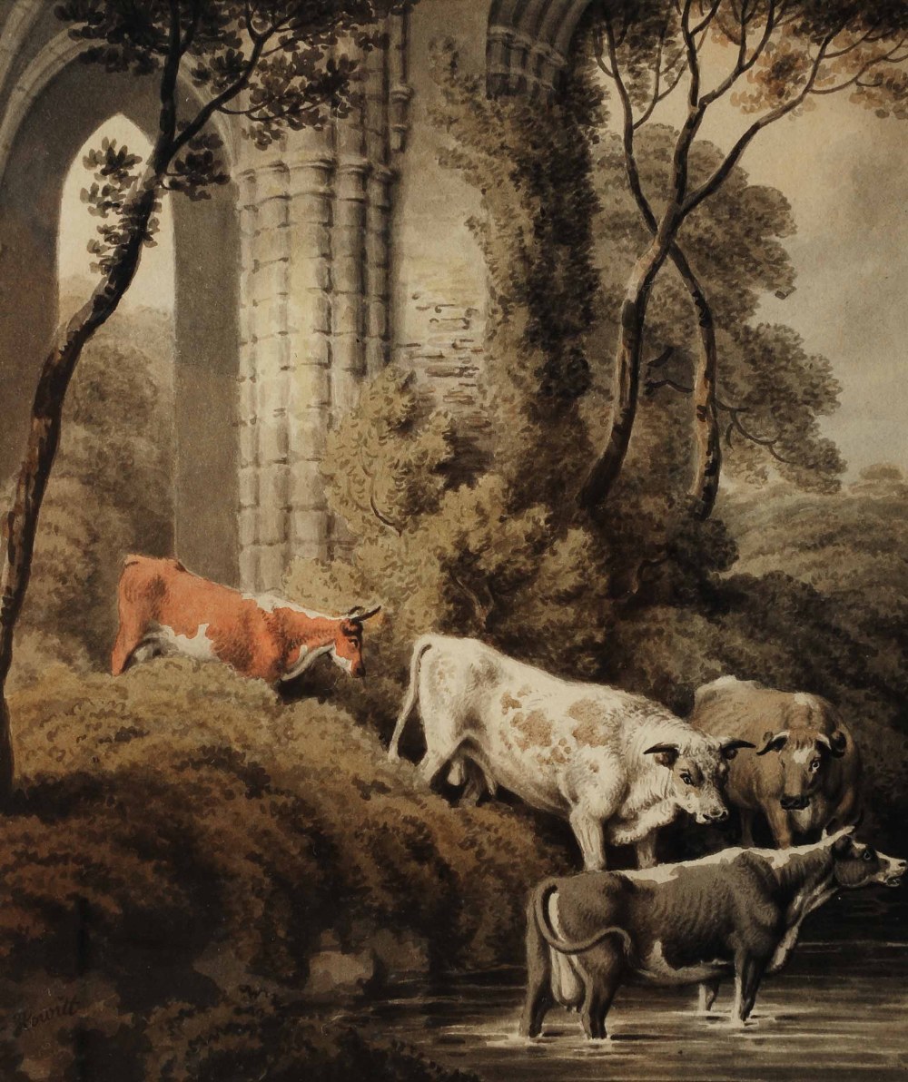 SAMUEL HOWITT (c.1765-1822) 'Cattle Watering by a Ruin', signed, watercolour, 21.5 x 17cm With J