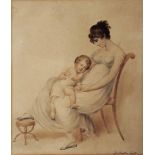LESCHALLES A mother with sleeping child seated upon a chair, signed 'Leschalles Fecit', watercolour,