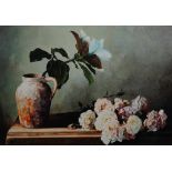 JIM DAWSON (b.1945) Still life of roses and magnolia in a jug, signed, oil on board, 76.5 x 107cm