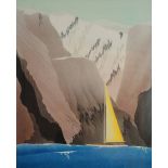 MIKE SIBTHORP (20TH CENTURY) A yacht in mountainous coastal waters, screen print signed in pencil by