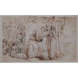 FOLLOWER OF THOMAS ROWLANDSON A group of figures in a wooded glade, pen and ink drawing, 11 x 19cm