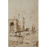 FOLLOWER OF FRANCESCO GUARDI River landscape with figures and building, sepia ink and grey wash