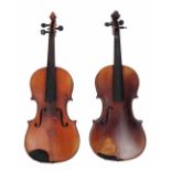 A VIOLIN with two piece back bearing label stamped 'B.S.L. Berini Violin'; together with bow, cased;