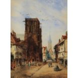 A * G * (19TH CENTURY) Figures in a continental street with abbey, signed with initials,