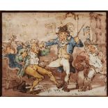 CIRCLE OF THOMAS ROWLANDSON (1756-1827) Figures vying in a grand room hung with paintings, pen,