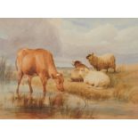THOMAS SIDNEY COOPER (1803-1902) Landscape with sheep and cow watering from a stream, signed and