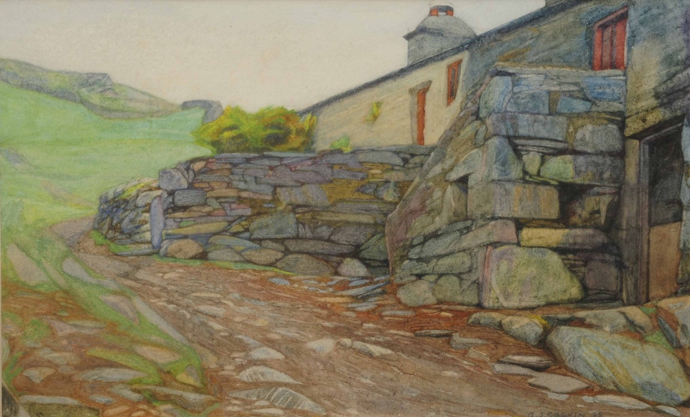 ARTHUR GASKIN (1862-1928) 'Cottages in Wales', signed and dated '88, watercolour, 12 x 20.5cm With