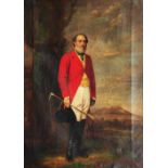 19TH CENTURY ENGLISH SCHOOL Full length portrait of a hunt master holding riding crop and top hat in