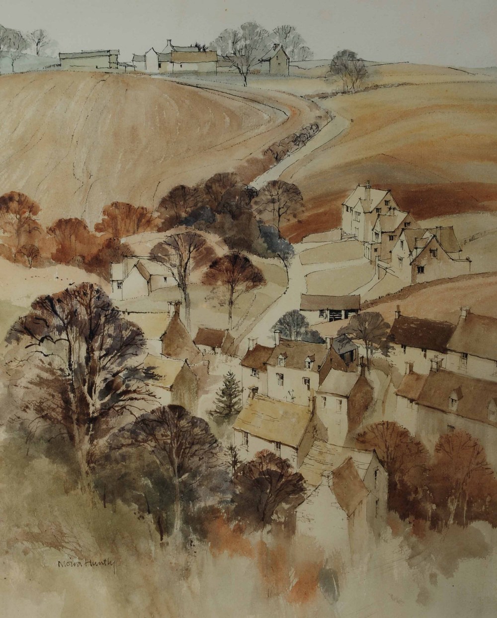 MOIRA HUNTLY (b.1932) 'Naunton', signed, pen, ink and watercolour, 44 x 34cm Prov: With the John