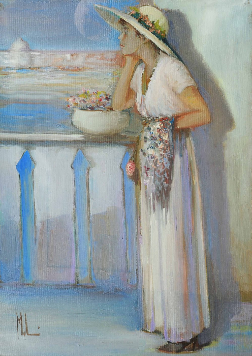 * MELANI (20TH CENTURY) A thoughtful moment, signed, inscribed verso 'Venezia', initialled and dated