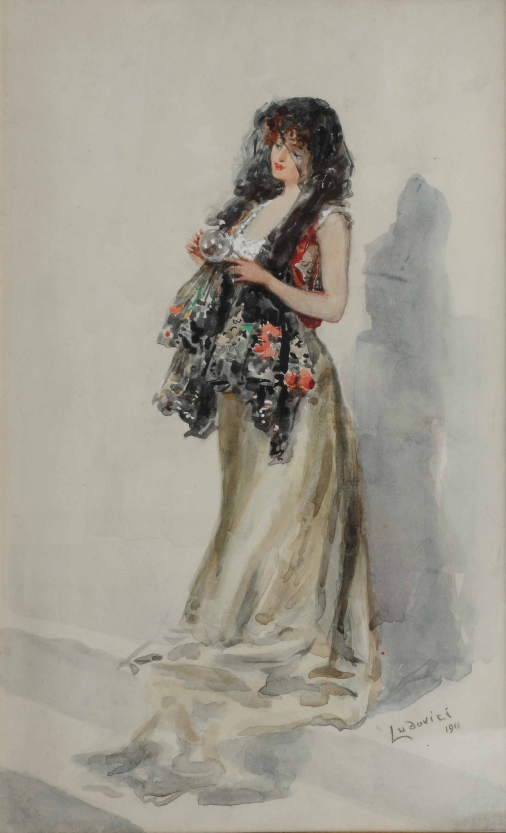 ALBERT LUDOVICI JNR (1852-1932) A Spanish beauty, signed and dated 1911, watercolour, 31 x 19cm