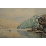 GEORGE SHERINGHAM (1884-1937) A tranquil coastal view with sailing boat, signed, watercolour, 22 x