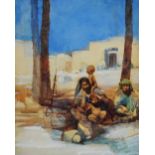 ENGLISH SCHOOL (EARLY 20TH CENTURY) Portrait of an Arab family with town yonder, watercolour and