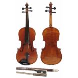 A 19TH CENTURY GERMAN VIOLIN with two piece back; together with bow with ivory mounted frog and