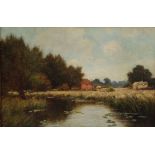 19TH CENTURY ENGLISH SCHOOL River landscape with harvesters, signed with monogram, oil on canvas, 29