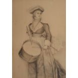 19TH CENTURY ENGLISH SCHOOL Three quarter length portrait of an elegant female drum player, pencil