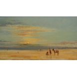 J * JOHNSON (19TH CENTURY) Figures with mule on the beach at sunset, signed and dated 1867, oil on