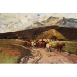 ENGLISH/IRISH SCHOOL (LATE 19TH CENTURY) Cattle on a track before a low croft, in a mountainous