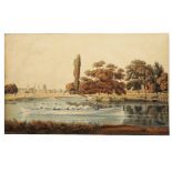 19TH CENTURY ENGLISH SCHOOL Rowing, Christ Church Meadow, Oxford, aquatint engraving, hand-coloured,