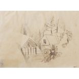 MARY NEWCOMB (1922-2008) Hillside with country cottages, signed with initials, pencil drawing, 18.
