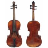 AN OLD VIOLIN with two piece back, the scroll carved with lion head; together with associated bow,