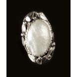 Arts and Crafts Panel ring oval blister pearl enclosed by leaves, berries and plaited border the