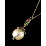 Arts and Crafts Pendant simulated pearl drop enclosed by wirework frame decorated with flowerheads