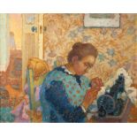 Jean Young (1914-1995) Lady Sewing signed (upper right) oils on canvas 60cm x 75.5cm.