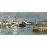 Ken Howard (b.1932) Summerlight, Newlyn signed (lower right) oils on board 14.5cm x 28.5cm.