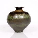 Bridget Drakeford (Contemporary) Vase green glaze, with dripped manganese rim signed 24.5cm high.