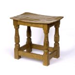 Robert Thompson (1876-1955) of Kilburn Mouseman stool oak, curved adzed top carved mouse signature