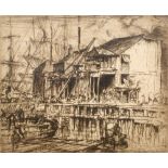 Frank Brangwyn (1867-1956) Dock signed in pencil (in the margin) etching 13cm x 16cm.