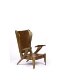 Brazilian School Chair with tan leather seat 81.5cm across, 106cm high.