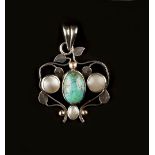 Keswick School of Industrial Art Pendant foliate and bead openwork scrolled form centred with an