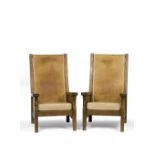 Robert Thompson (1876-1955) of Kilburn Pair of Mouseman lounge chairs oak with tan leather seats