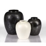 Poole Pottery Three vases with irridescent mottled glaze stamped factory mark the largest 22cm