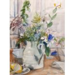 Rupert Shepherd (1909-1992) Flowers and Ferns in a White Jug, 1982 signed and dated (lower right)