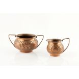 William Mawson of Keswick Home Industries Sugar Bowl and Milk Jug, circa 1900 copper, repoussee