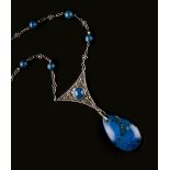 Arts & Crafts Pendant necklace pear-shaped blue hardstone drop below triangular panel with central