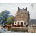 William Henry Innes (1905-1999) Riverside Pub signed (lower left) oils on board 49.5cm x 59.5cm.